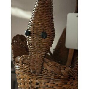 Vintage Woven Wicker Rattan Duck Basket w Handle Wood Beak Mini 5” Tall